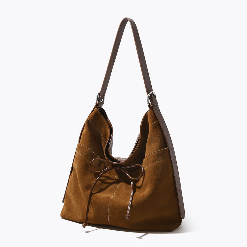 Elegant High Gloss Sanded Leather Bowknot Underarm Bag Spacious Genuine Leather Shoulder Bag for Women