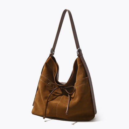 Elegant High Gloss Sanded Leather Bowknot Underarm Bag Spacious Genuine Leather Shoulder Bag for Women