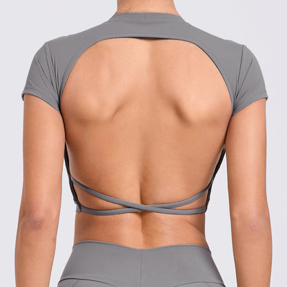 Women's Quick Dry Backless Workout T Shirt with Built In Bra Padding for Fitness and Yoga Sessions Model 71240