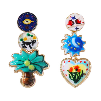 Artistic Vintage-Inspired Creative Alloy Printed Geometric Asymmetric Heart Floral Earrings - Unique Women's Jewelry for Every Occasion
