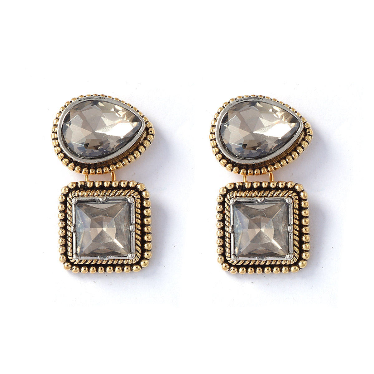 Elegant Vintage-Style Alloy Geometric Quadrilateral Pendant Earrings with Sparkling Rhinestones - Versatile Everyday Accessories for Women