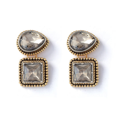 Elegant Vintage-Style Alloy Geometric Quadrilateral Pendant Earrings with Sparkling Rhinestones - Versatile Everyday Accessories for Women