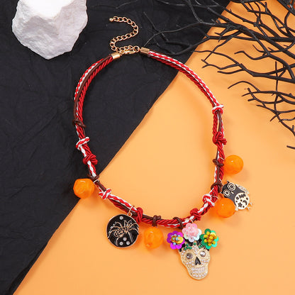 Chic Halloween Necklace - Braided Alloy Oil Drop Spider, Owl, and Skull Pendant with Delicate Pearl Accents for Women - Perfect Accessory for Spooky Season