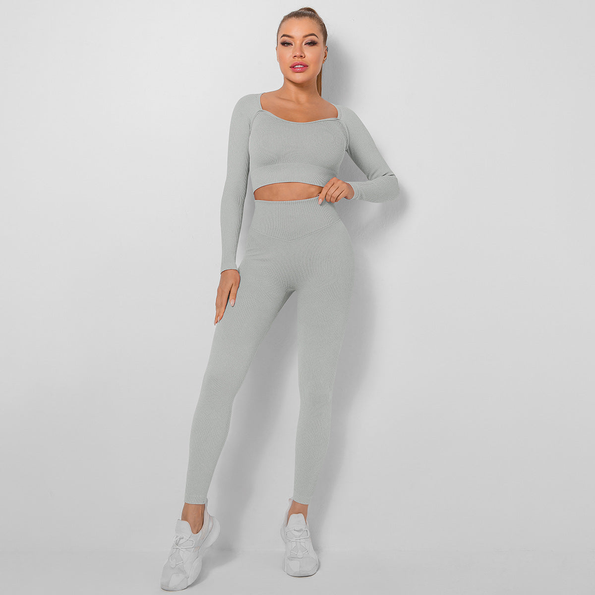 Seamless Yoga Outfit Set for Women Sweat Wicking High Waisted Leggings Long Sleeve Sport Top for Peachy and Comfort in Every Workout