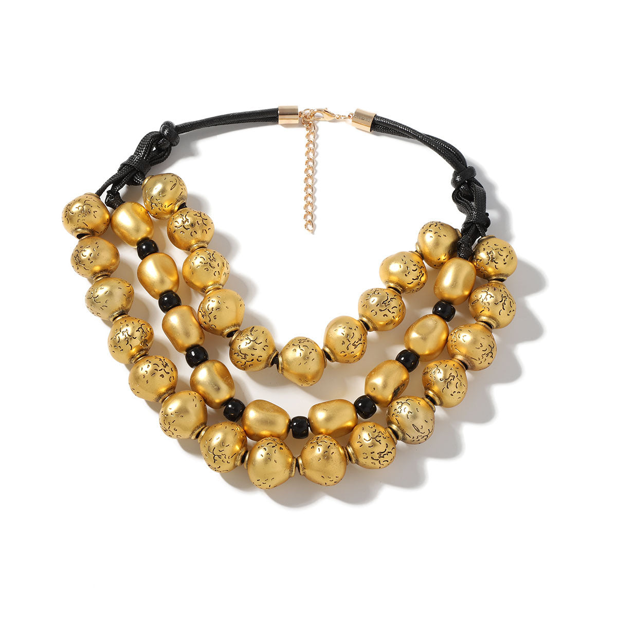 Exaggerated Vintage Triple-Layer Gold Beaded Handmade Braided Necklace - Chic Street Style Accessory for Bold Fashion Statements