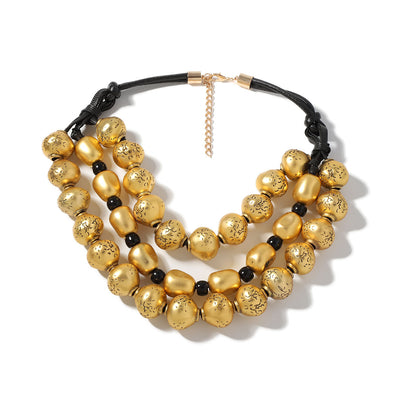 Exaggerated Vintage Triple-Layer Gold Beaded Handmade Braided Necklace - Chic Street Style Accessory for Bold Fashion Statements