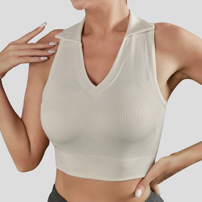 All in One Sports Ribbed Top Breathable Sports Bra Innovative Knit Yoga Apparel with Collared Design for Comfort and Flexibility