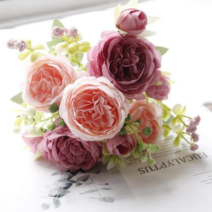 Realistic 5-Head Mini Rose Bouquet – Korean-Style Faux Peony and Persian Rose Arrangements for Home Decor and Wedding Enhancements