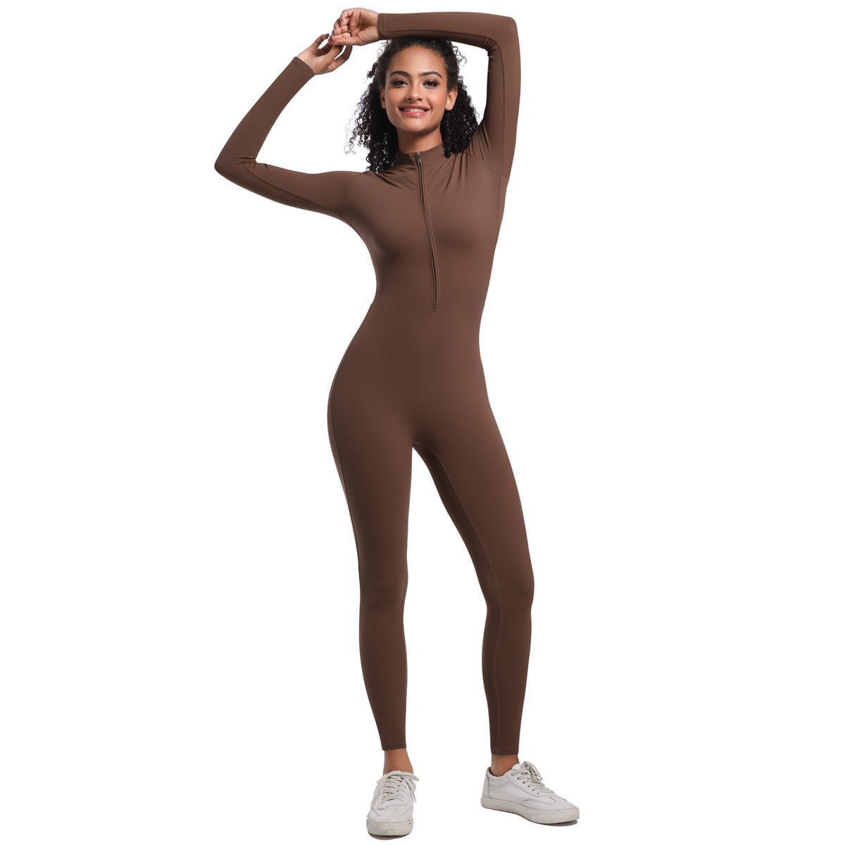 Half Zip Fitted Solid Color High Stretch Long Yoga Jumpsuit for Fitness Running and Active Sports