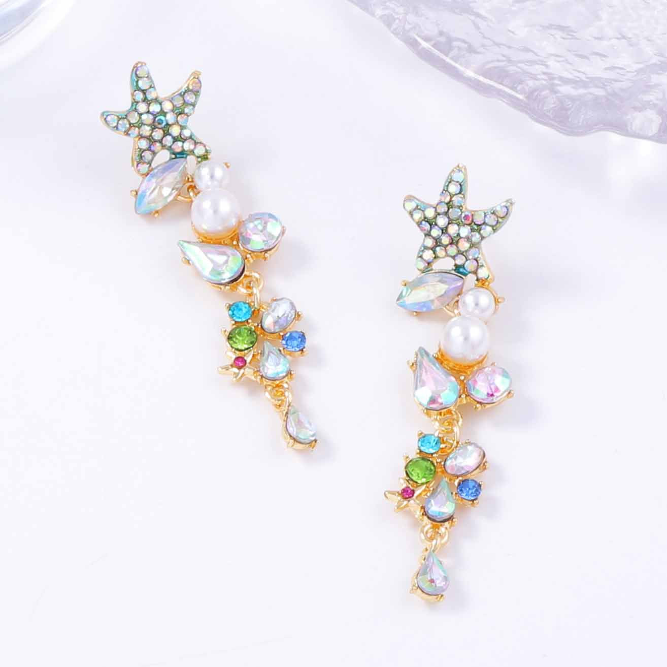 Exaggerated Starfish Long Earrings with Alloy Links, Colorful Gemstones, and Elegant Pearl Accents – Perfect for Adding a Touch of Glamour