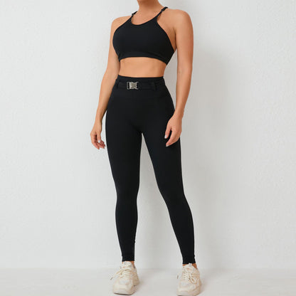 Adjustable Waist Denim Look Pocket Leggings and Sports Bra Set for Yoga Gym and Everyday Wear with Included Belt