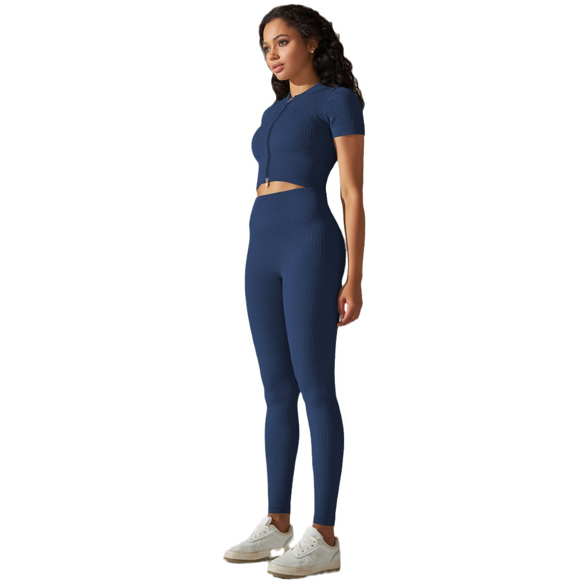 Seamless Ribbed Double Zipper Short Sleeve Workout Set with Peach Butt Lifting Leggings for Fitness and Yoga Performance