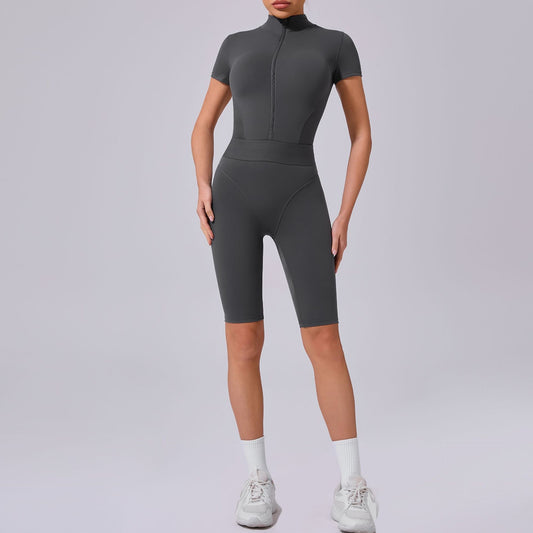 Women's Shaping Zipper Short Sleeve Yoga Bodysuit with Open Collar for Fitness and Workout Mesh Design for Comfort and Support