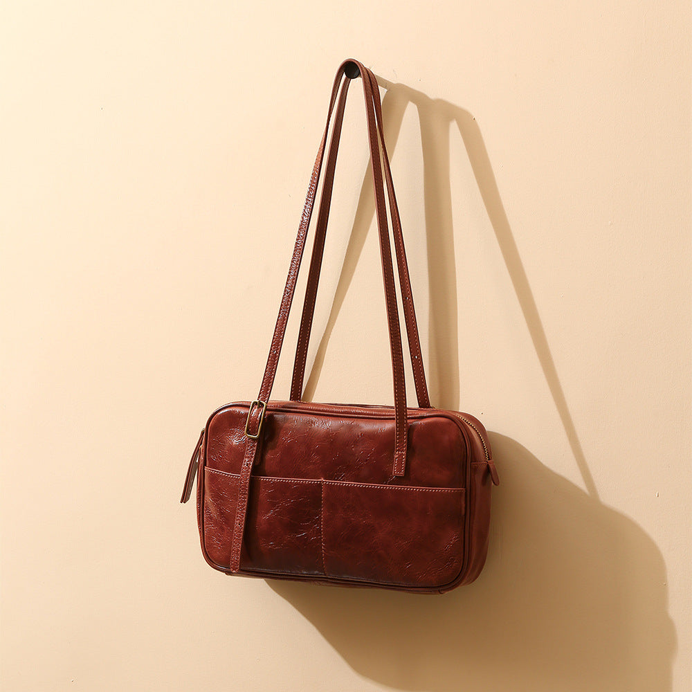 Women's Genuine Leather Tote Bag Large Capacity Waxed Oil Leather Shoulder Bag for Everyday Office Use