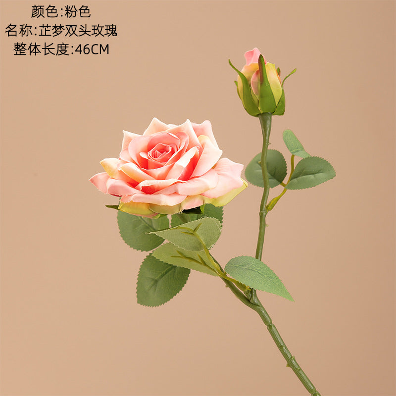 Lifelike Green Single Stem Double-Headed Rose Artificial Flower - Perfect for Wedding Decor and Home Accents (Model INSMW31586)