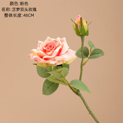 Lifelike Green Single Stem Double-Headed Rose Artificial Flower - Perfect for Wedding Decor and Home Accents (Model INSMW31586)