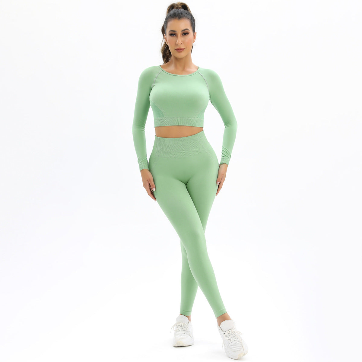 Peach Seamless Knitted Backless High Stretch Long Sleeve Yoga Set Women's 2 Piece Activewear for Running Fitness and Workout Comfort