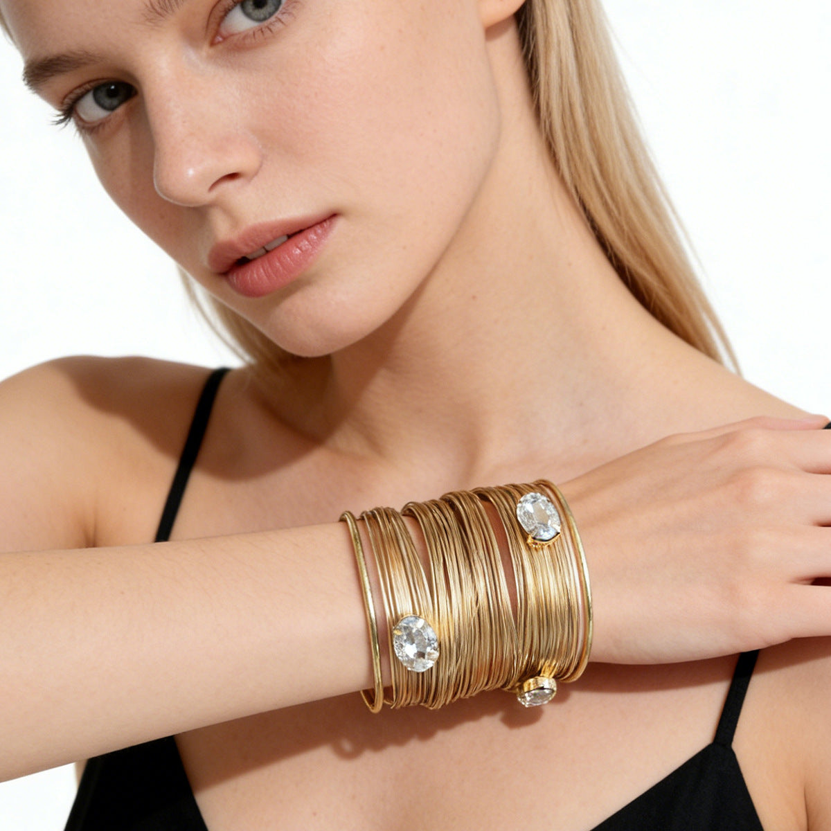 Vintage-Inspired Stylish Multi-Layer Zircon Stone-Accented Women's Cuff Bracelet -  Quality Wire-Wrapped Design for Effortless Elegance