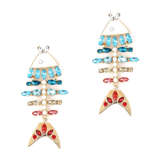 Stunning Vintage-Inspired Fishbone Earrings with Colorful Rhinestones – Unique Alloy Animal Dangle Earrings Perfect for Any Occasion
