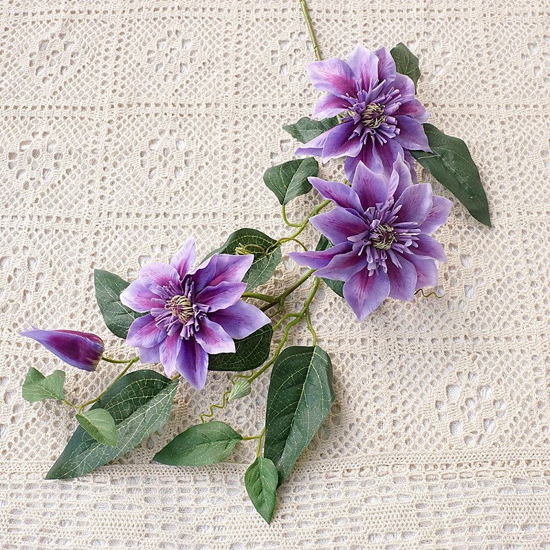 Single Stem Triple-Headed French Clematis - Realistic Faux Flower for Home, Hotel, and Event Decorations, Perfect for Weddings and Stylish Displays