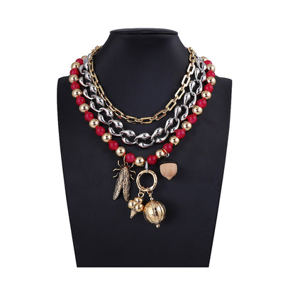 Bohemian Multi-Layered Charm Necklace featuring Unique Chain, Colorful Glass Beads, and Alloy Insect Pendant – Perfect for Casual Wear and Fashion Statements
