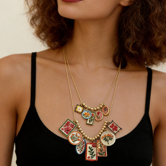 Unique Geometric Alloy Pendant Necklace with Colorful Print - Stylish Multi-Layered Casual Accessory for Every Occasion