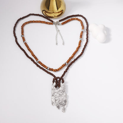 Bohemian-Inspired Vintage Multi-Layered Beaded Long Necklace with Unique Irregular Wood Beads - Perfect for Your Summer Vacations