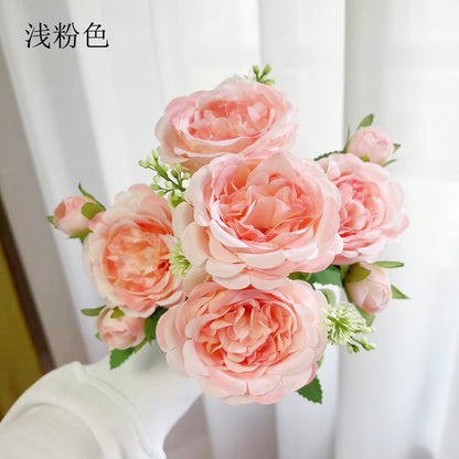 Stunning 5-Head Spring Peony and Korean-Style Faux Rose Bouquet - Perfect for Home Decor, Weddings, and Special Occasions