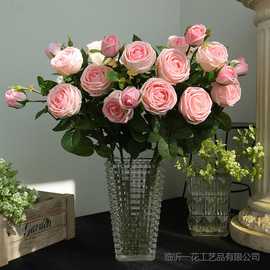 Elegant Three-Head Simulation Rose - Soft Touch Faux Flowers for Romantic European-Style Indoor Decor and Home Staging Accents