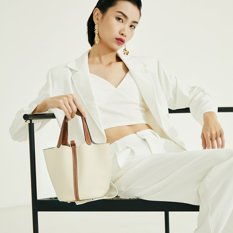 Genuine Leather Classic Fashion Tote Bag and Versatile Bucket Bag with Leather Lock Closure for Handheld or Shoulder Carry