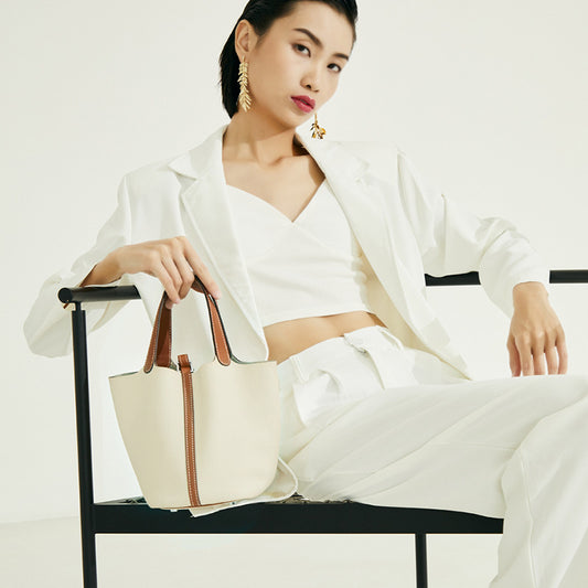 Genuine Leather Classic Fashion Tote Bag and Versatile Bucket Bag with Leather Lock Closure for Handheld or Shoulder Carry