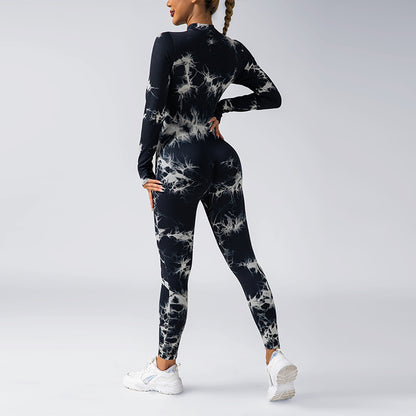 Seamless Tie Dye Long Sleeve Jumpsuit with Chest Padding and Zipper for Running Fitness and Yoga