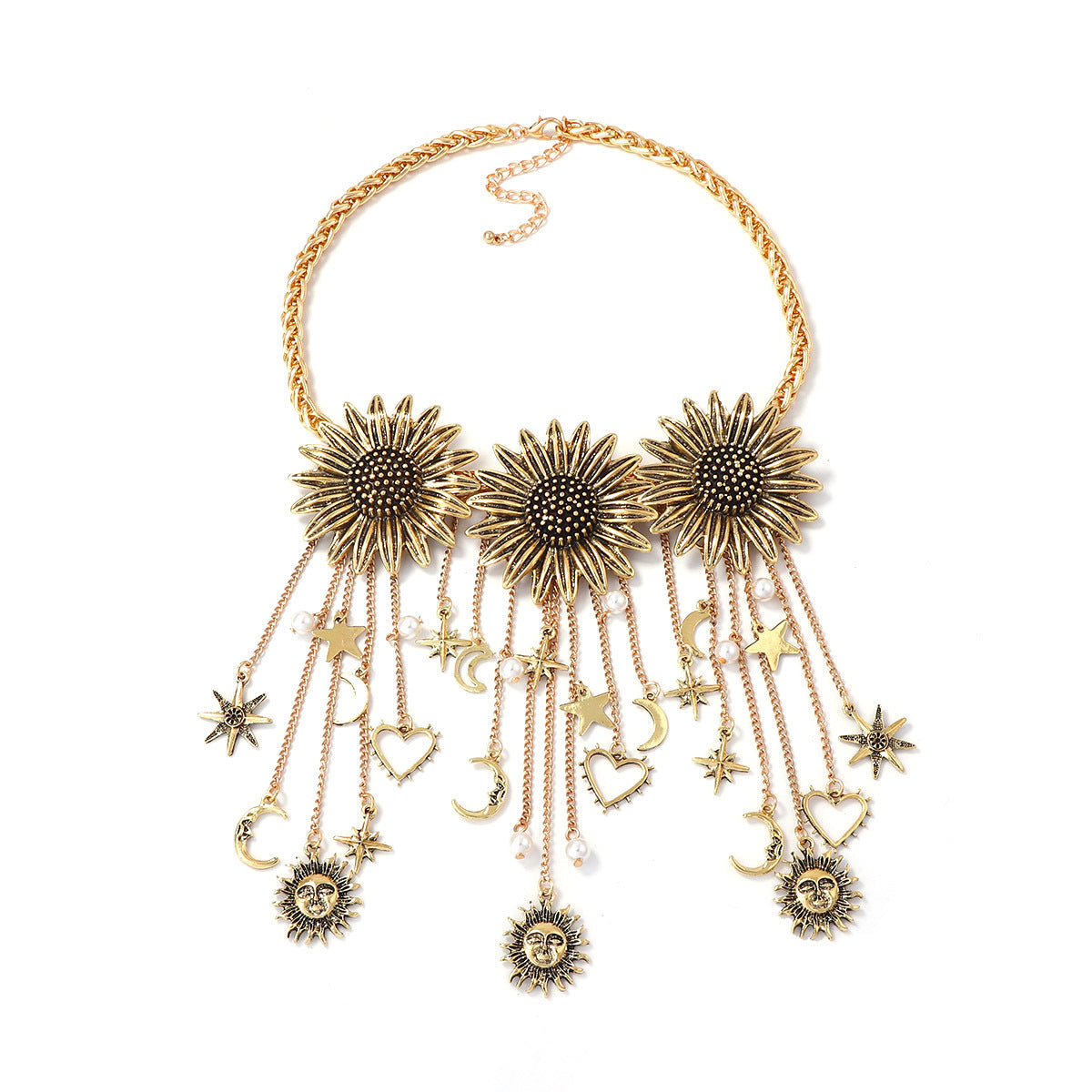 Bohemian-Inspired Vintage Necklace with Unique Flower and Tassel Design, Star and Moon Pendant Chain for a Chic Look
