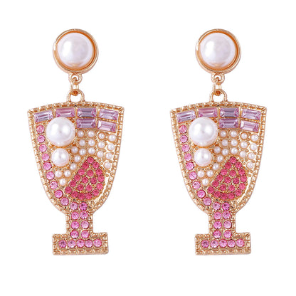 Unique Geometric Shaped Earrings with Dazzling Rhinestones - Elegant Pearl Studs Inspired by Cocktail Glass Design for Sophisticated Women's Jewelry