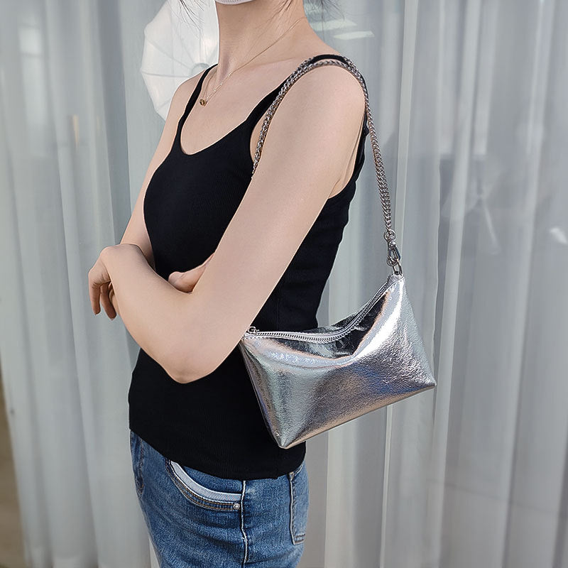 Silver Vegan Leather Handbag Minimalist Korean Style Soft Leather Shoulder and Crossbody Bag with Chain Strap for Everyday Elegance