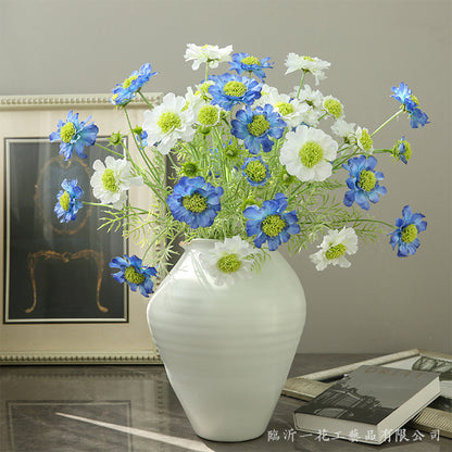 Realistic Faux Floral Arrangement in Velvety Blue Pot - Elegant Home Decor for Living Rooms, Hotels, and Airbnbs - Creative Floral Display