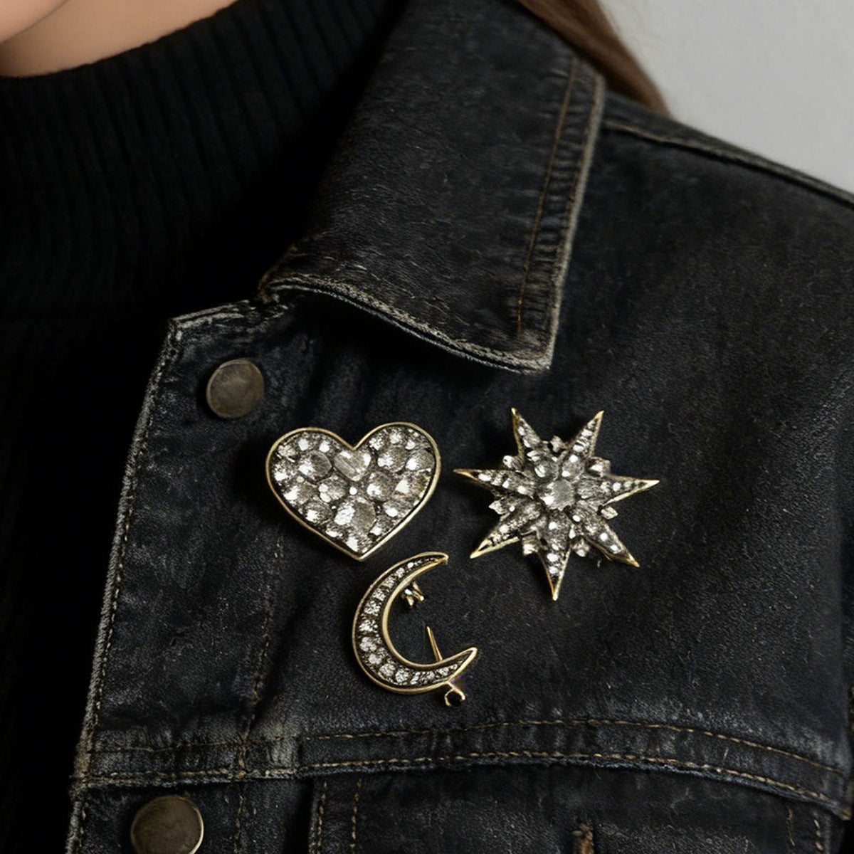 Elegant Minimalist Alloys Set of 3 Brooches Featuring Full-Crystal Stars and Moon for Women - Perfect Accessory for Any Occasion