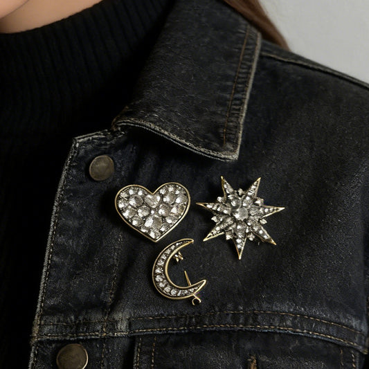 Elegant Minimalist Alloys Set of 3 Brooches Featuring Full-Crystal Stars and Moon for Women - Perfect Accessory for Any Occasion