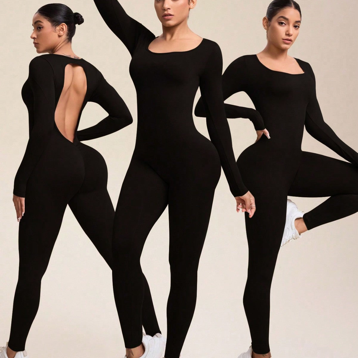 Seamless Sweat Wicking High Stretch Backless Long Sleeve Jumpsuit for Yoga Gym Workouts and Active Lifestyle