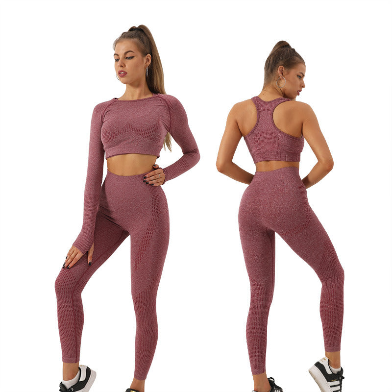 Seamless Polka Dot 3 Piece Set Women's Sports Bra Long Sleeve Top and Leggings for Fitness and Yoga Workouts