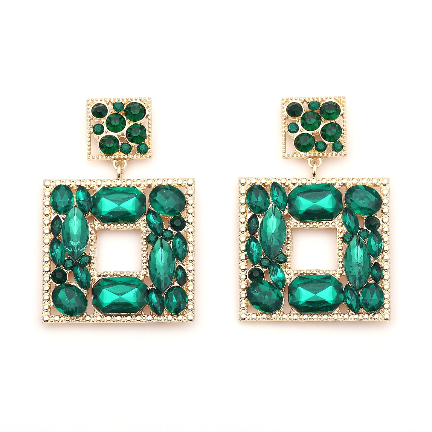Stunning  Geometric Square Alloy Earrings with Colorful Rhinestones - Luxe, Bold, and Unique Design for a Striking Look