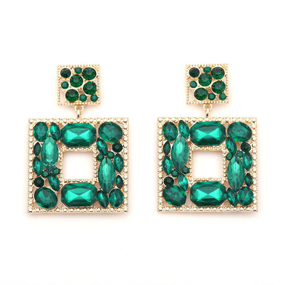Stunning  Geometric Square Alloy Earrings with Colorful Rhinestones - Luxe, Bold, and Unique Design for a Striking Look