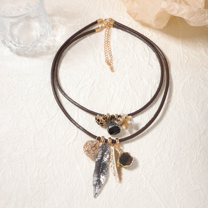 Chic Layered Double-Stranded Alloy Geometric Leaf Pendant Leather Necklace – Vintage Inspired for Fall and Winter Fashion