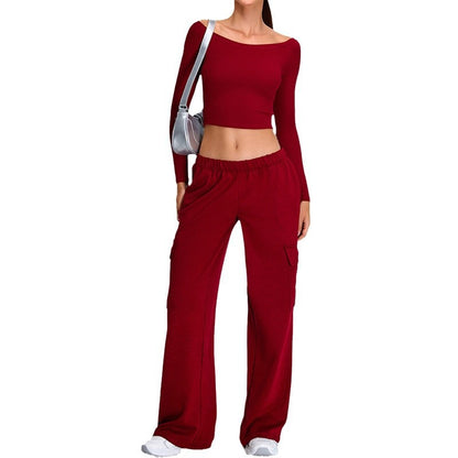 Fall and Winter One Shoulder Yoga Outfits for Women Relaxed Fit Casual Sports Set with Straight Leg Pants for Yoga Gym and Everyday Wear