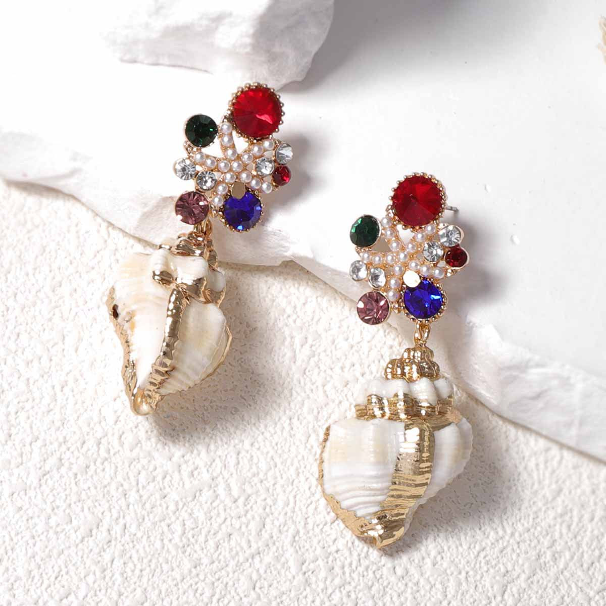 Exquisite High-End Zirconia Inlaid Faux Pearl Flower Conch Shell Pendant Earrings – Perfect for Ocean-Inspired Leisure and Vacation Style