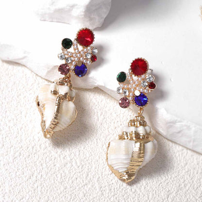 Exquisite High-End Zirconia Inlaid Faux Pearl Flower Conch Shell Pendant Earrings – Perfect for Ocean-Inspired Leisure and Vacation Style