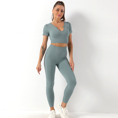 Women s Short Sleeve Yoga Set High Waist Yoga Pants and Sporty Top for Fitness Comfort