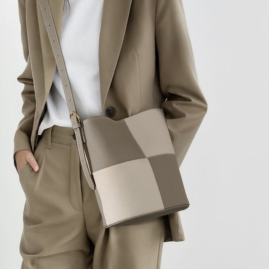 Chic Two Tone Bucket Bag in First Layer Leather Versatile Shoulder and Crossbody Handbag for Modern Style