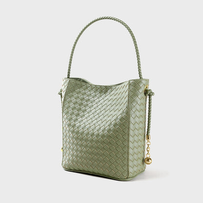 and Women's Leather Bucket Bag Spacious Handheld Tote for Everyday Commutes Genuine Cowhide Weave Design for Work and Casual Outings