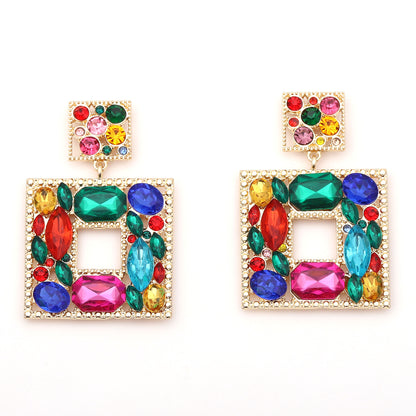 Stunning  Geometric Square Alloy Earrings with Colorful Rhinestones - Luxe, Bold, and Unique Design for a Striking Look
